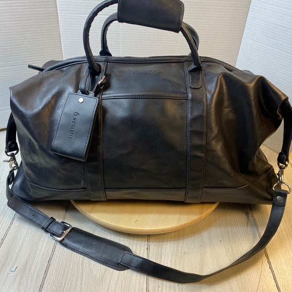 Novartis Black Leather Travel Luggage Duffel Overnight Bag